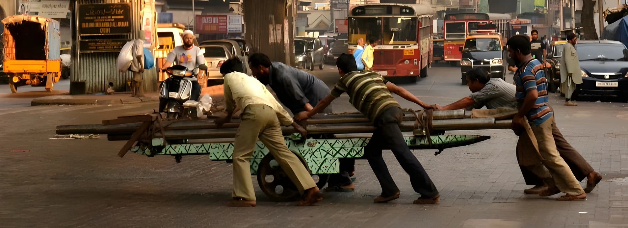 A group of men transporting a large metal object along a city street, demonstrating teamwork and effort.